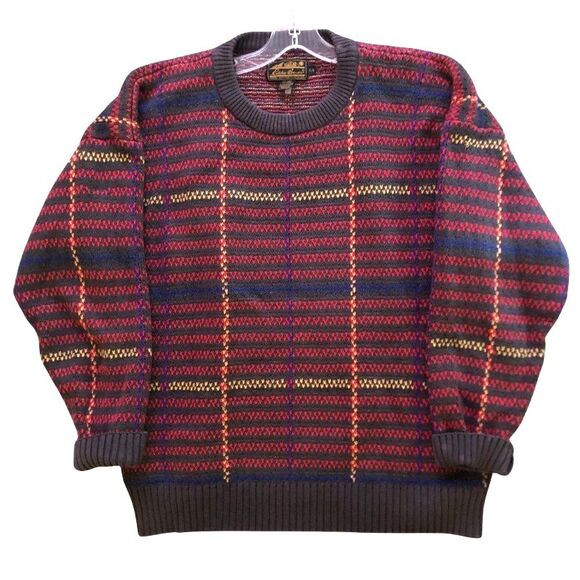 Eddie Bauer Chunky Knit Sweater Men's Sz L VTG 90s Colorful Plaid Textured Knit - Picture 8 of 12